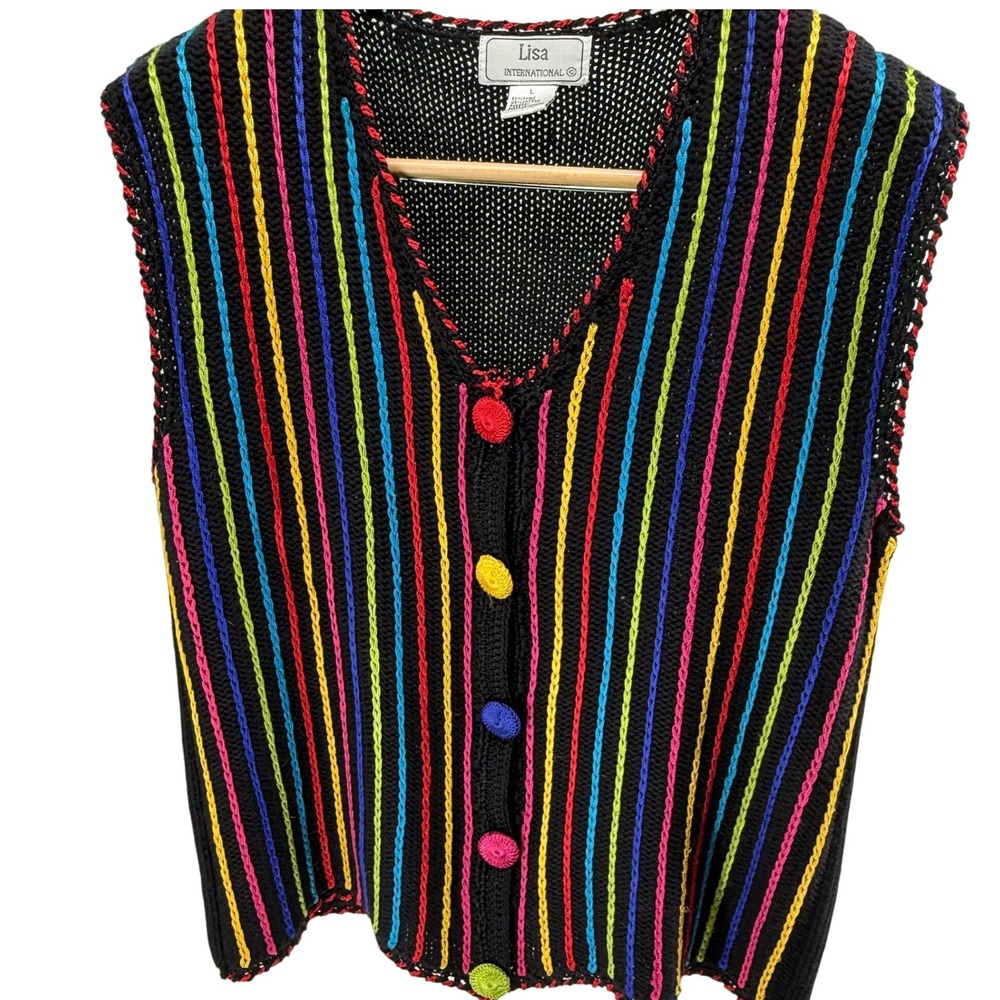 Lisa International Colorful Striped Knit Vest Sleeveless Button Up Top